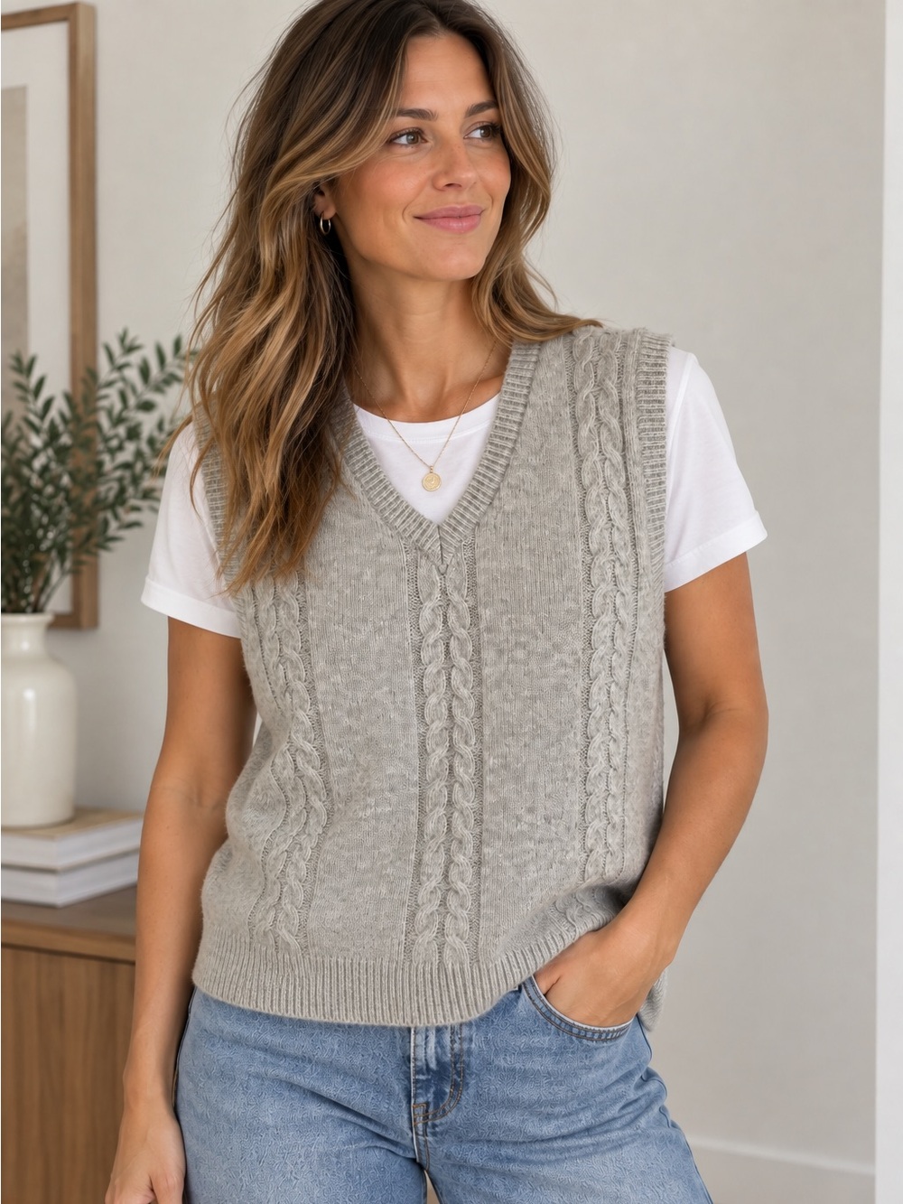 Givingz Grey Cable Knit V-Neck Sweater Vest M/M